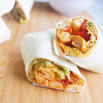 20-Minute-Buffalo-Chicken-Wraps-on-a-cutting-board