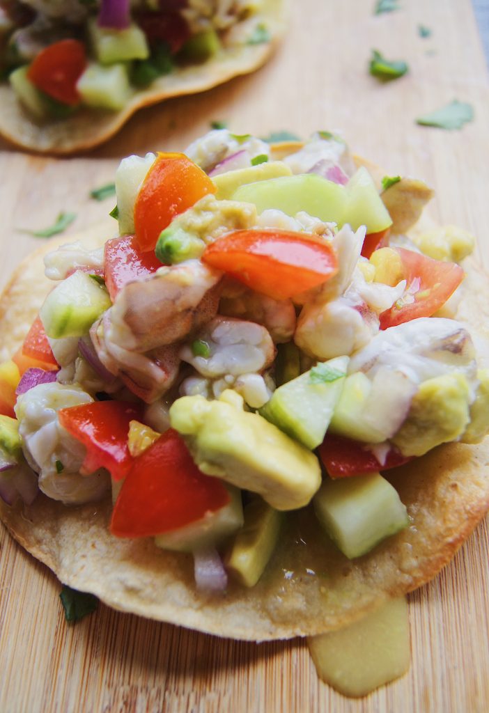 Ceviche front zoom in on tostada on cutting board