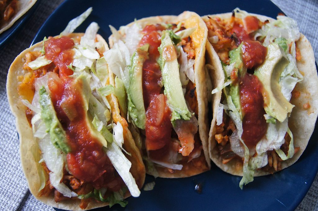 Rotisserie-Chicken-Tacos-with-cheese-finished on blue plate