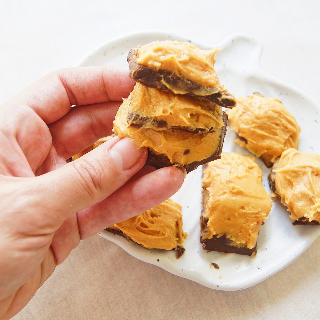 Chocolate-Peanut-Butter-bites-on-a-plate-with-one-piece-lifted-by-hand