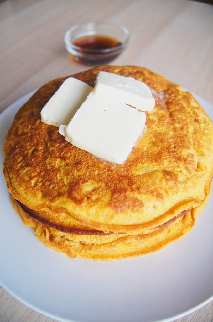 Pumpkin-pancakes-with-butter-on-top-and-syrup-on-the-side